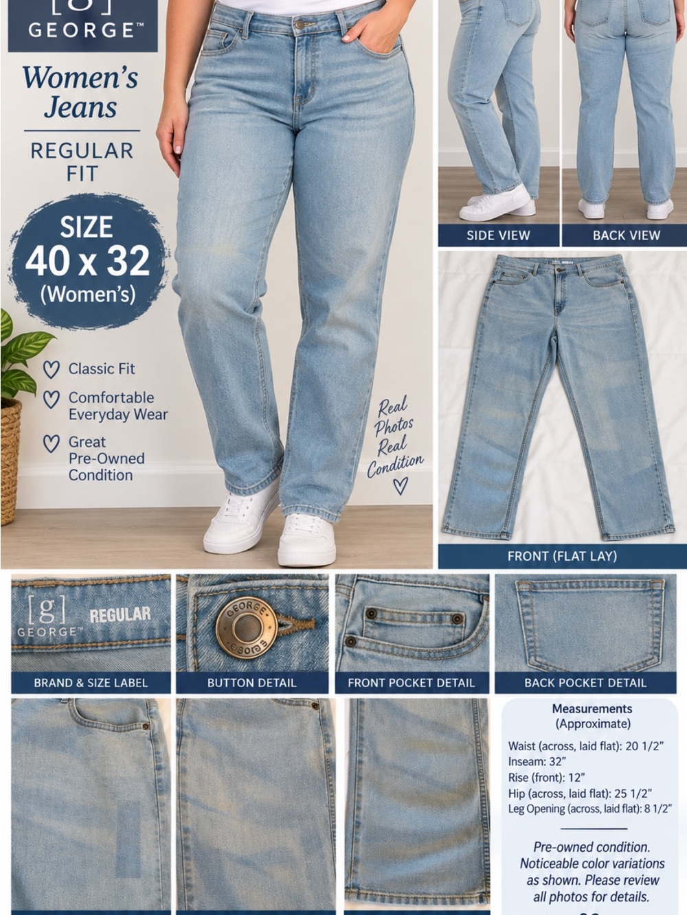 George Women's Regular Light Blue Straight Leg Jeans Size 40x32